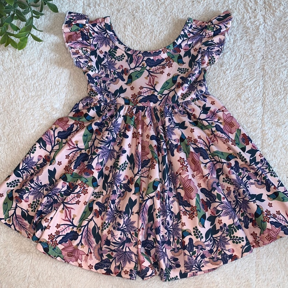 Dot Dot Smile Pink Purple Floral Bird Dress 12-24M EUC